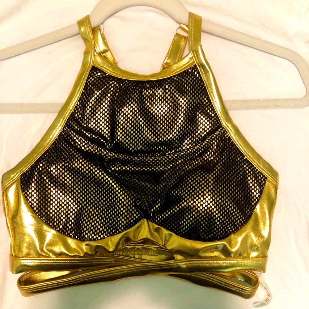 Gold Fishnet High-Neck Sports Bra